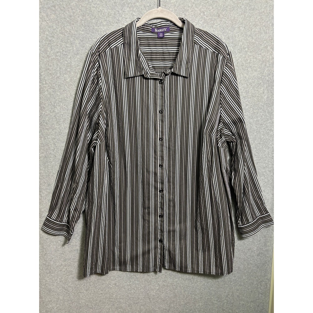 Roaman's Striped Button Front Blouse Black White Taupe Plus Size 26W 100% Cotton